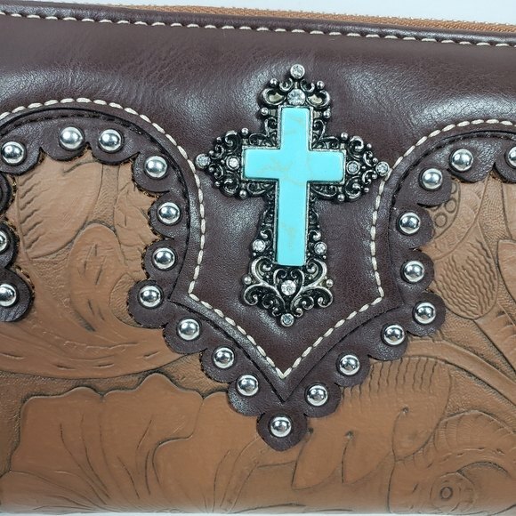 Rustic Couture Studded Turquoise Cross Embossed Western Wallet Clutch - Picture 2 of 5